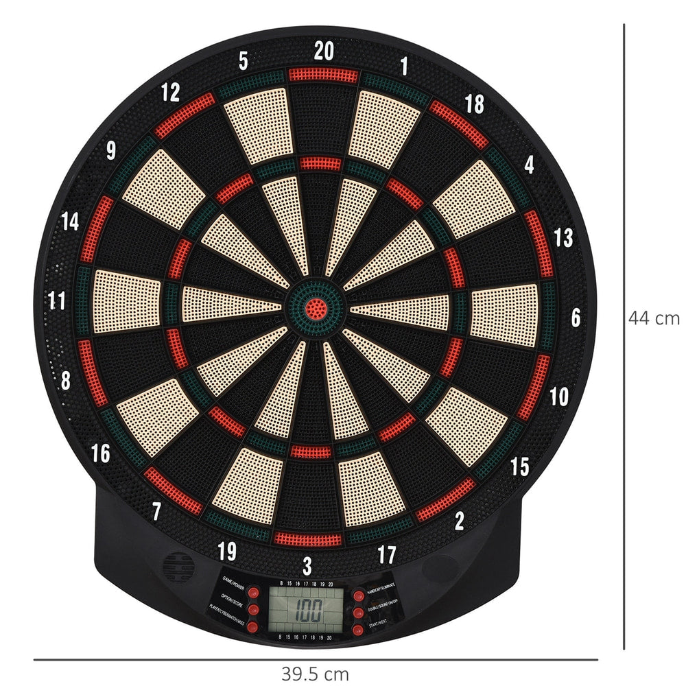 The electronic dartboard set with dimensions shown on the right side