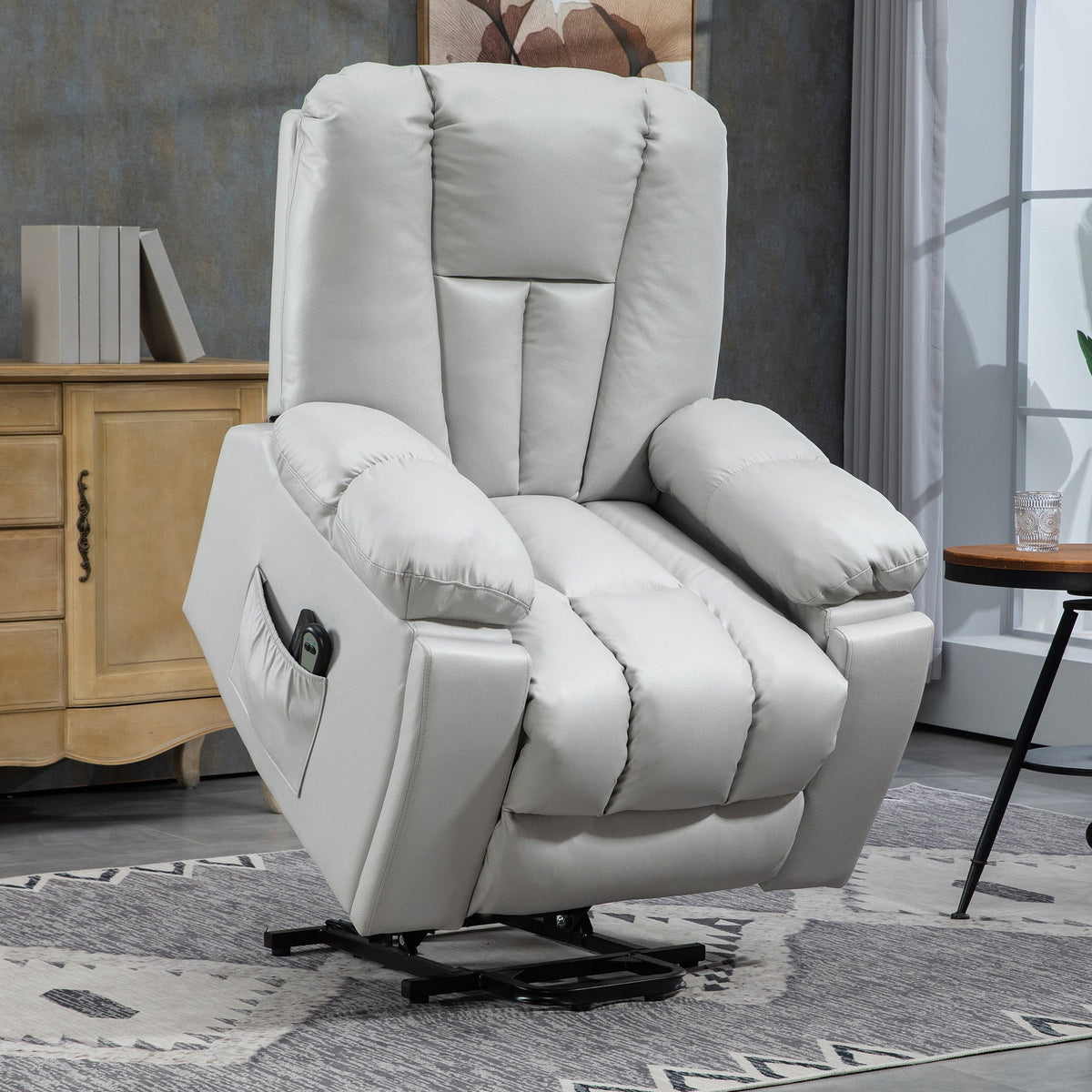 The armchair placed in a living room setting with a wooden cabinet and a patterned rug nearby