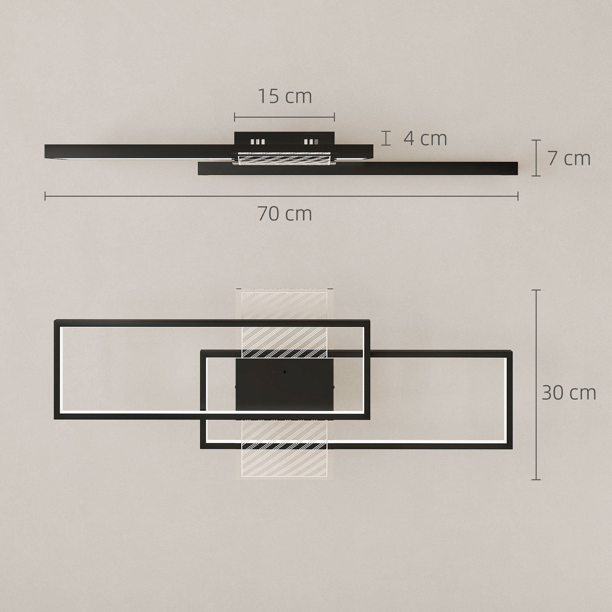 The modern ceiling light shown with dimensions marked