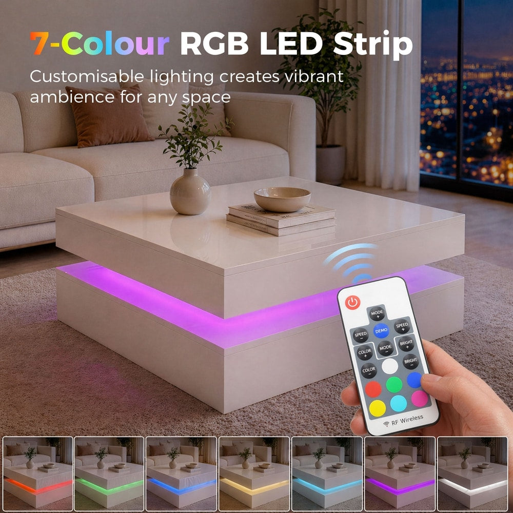 The coffee table with a remote control showing various colour options for the LED strip