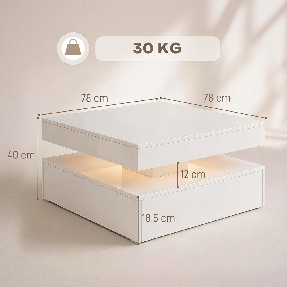 The coffee table shown with technical dimension lines and weight capacity icon