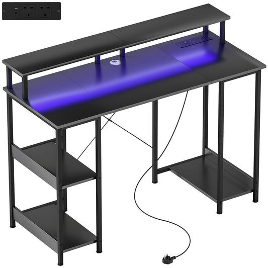 HOMCOM LED Computer Desk with shelves and integrated power strip on the back panel