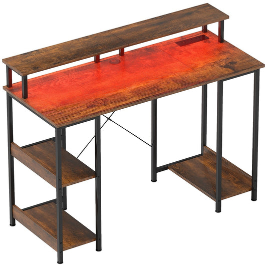 HOMCOM LED Computer Desk with shelves and power outlets in a rustic brown finish