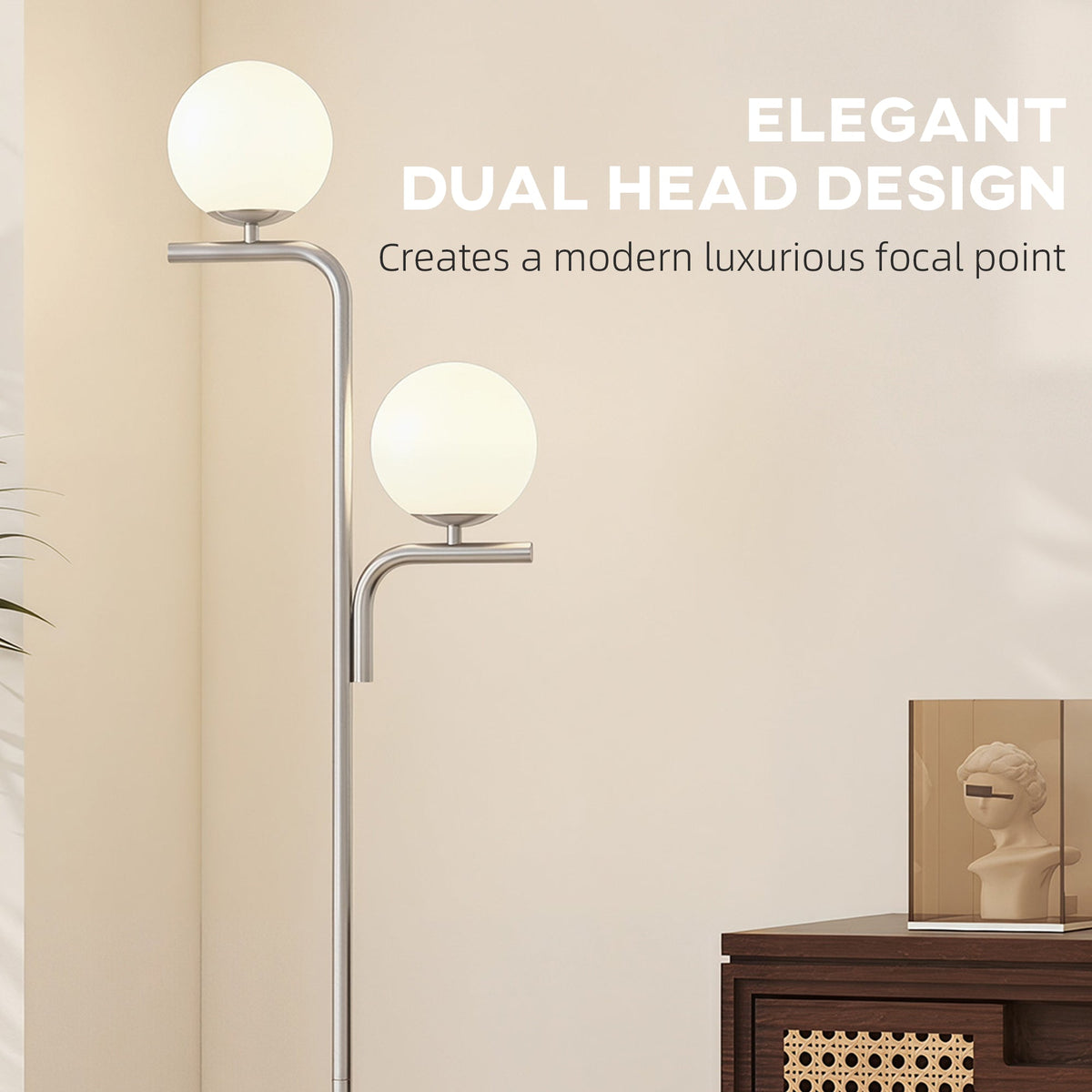 Close up of the dual head design with two glowing globe shades on a silver frame