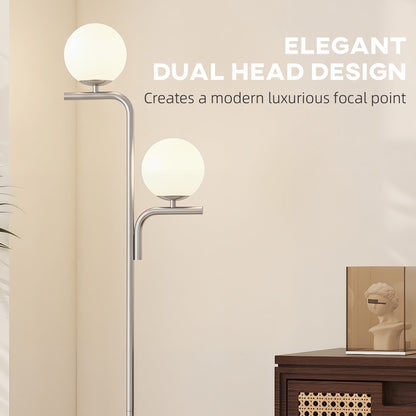 Close up of the dual head design with two glowing globe shades on a silver frame
