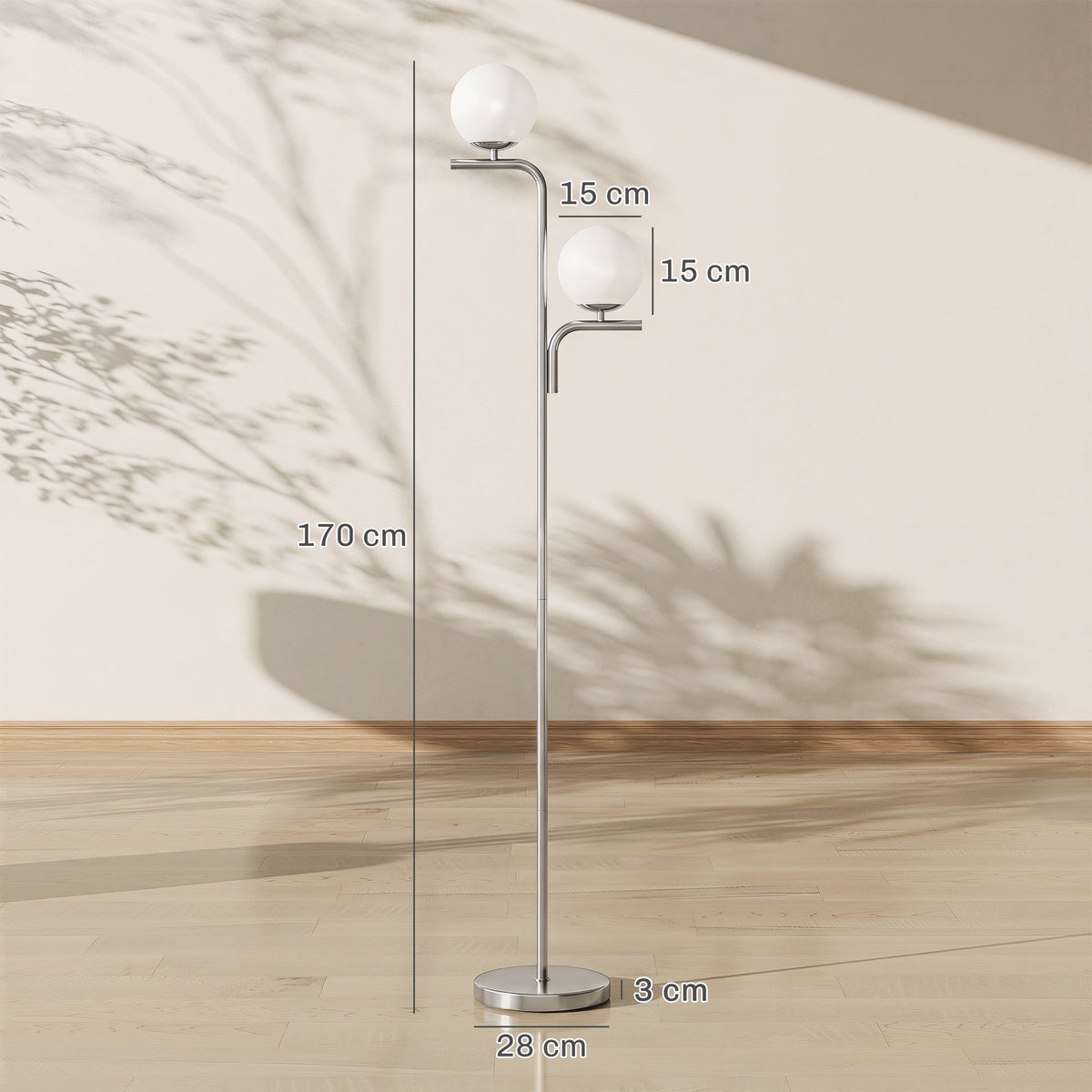 The floor lamp showing height and width dimensions against a plain wall