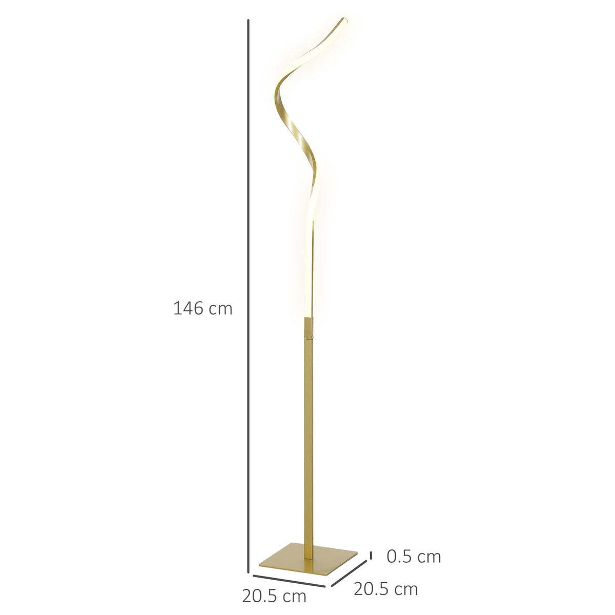 The gold tone floor lamp with dimensions shown