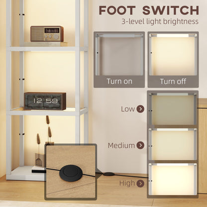 Close up of the foot switch for the tall standing lamp with shelves, showing brightness levels