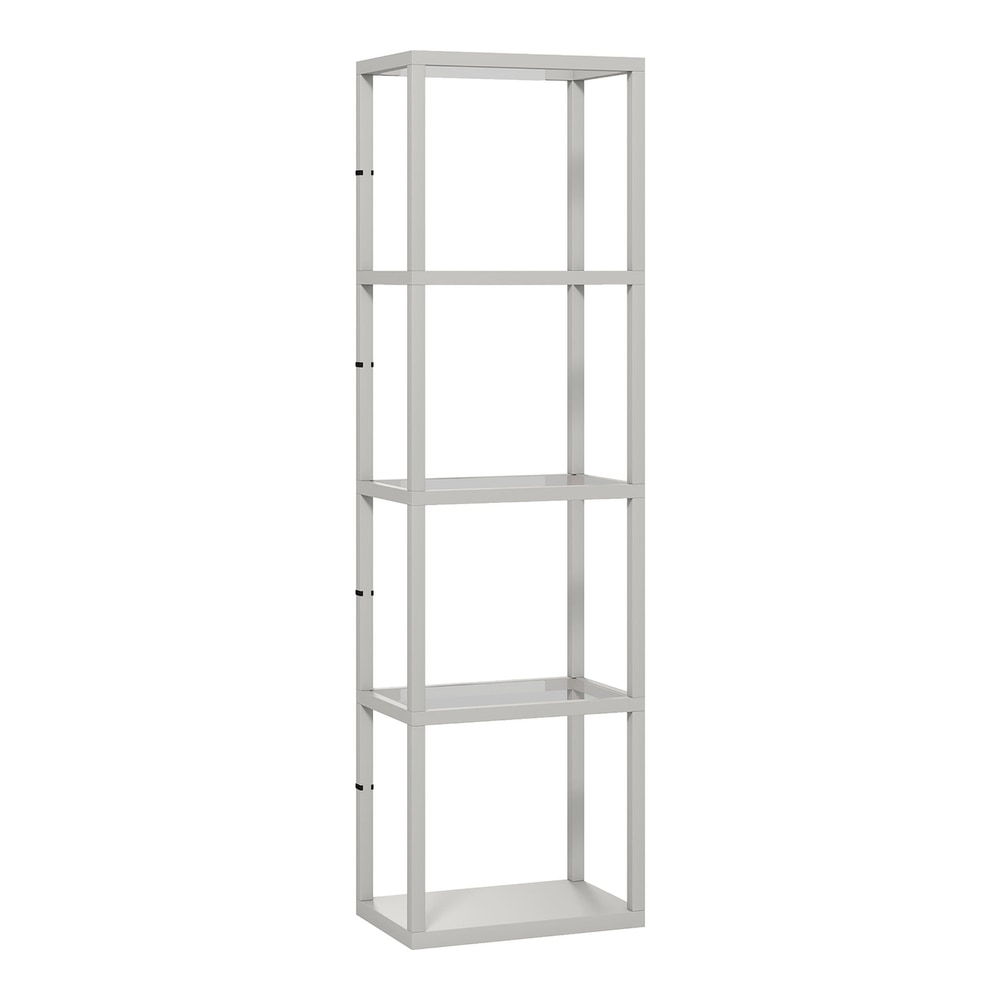 HOMCOM LED Floor Lamp with Glass Shelves, a tall grey shelving unit with four levels