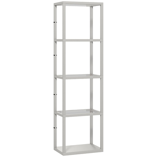 HOMCOM LED Floor Lamp with Glass Shelves, a tall grey shelving unit with four levels
