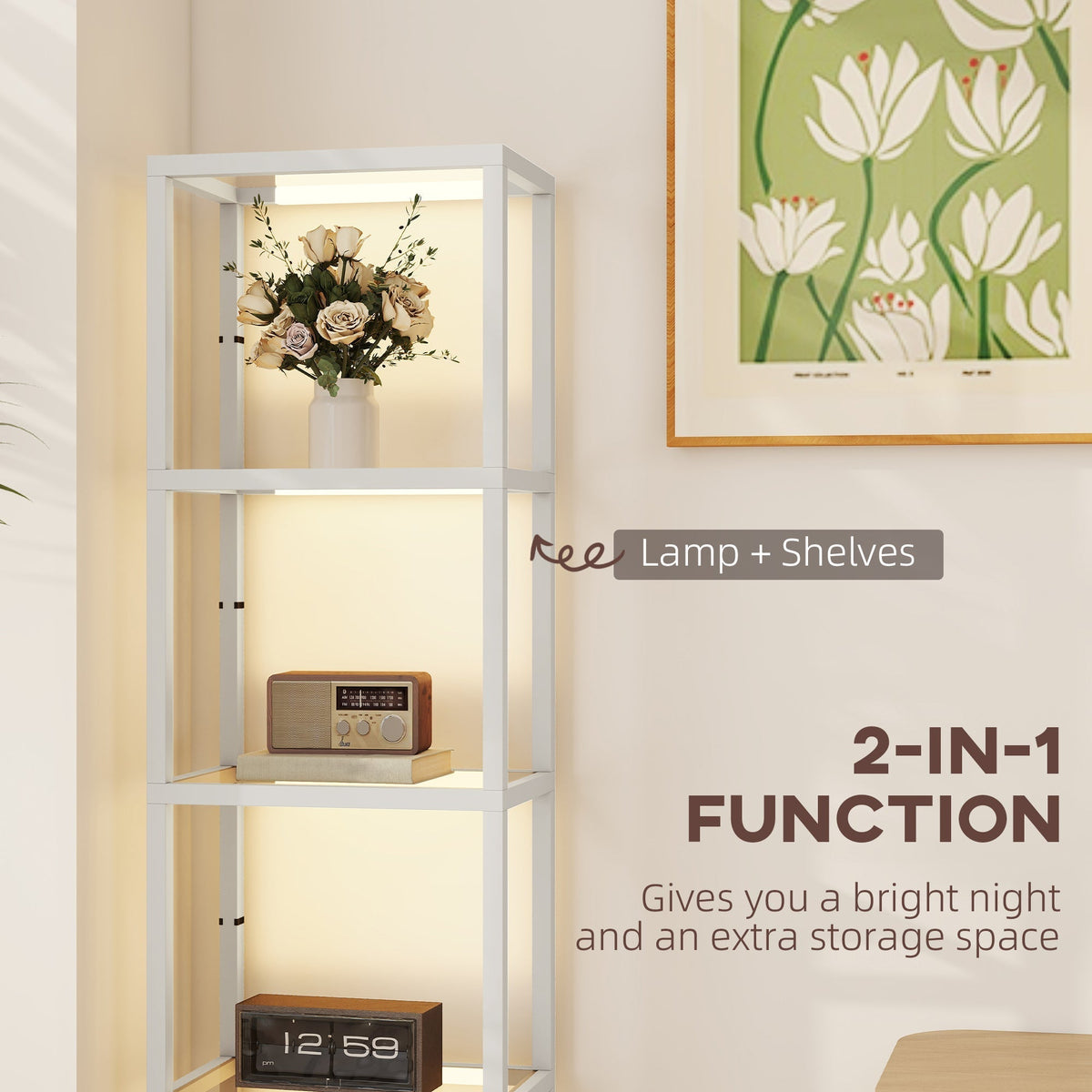the tall standing lamp with shelves displaying decorative items and a clock in a bright room