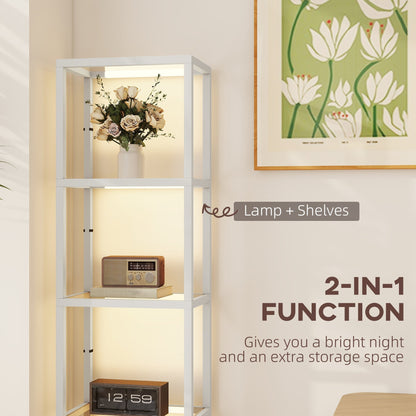 the tall standing lamp with shelves displaying decorative items and a clock in a bright room