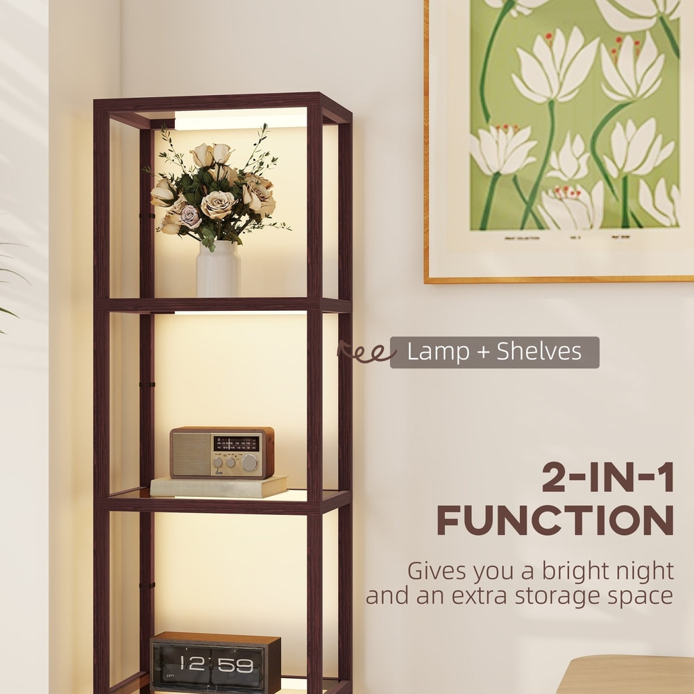The modern column shelf floor light with glass shelves, showing its dual function