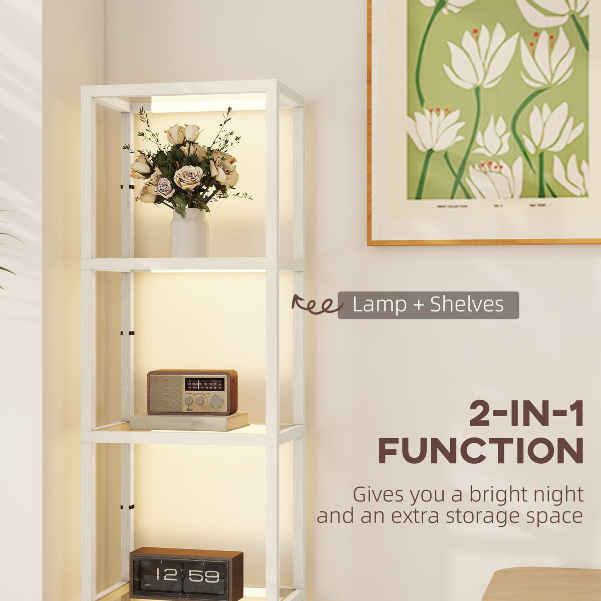 Close up of the tall standing lamp with glass shelves showing the integrated LED lighting and decorative items