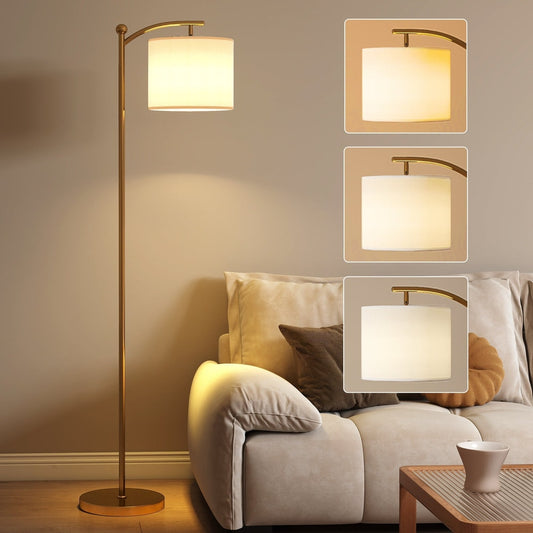 HOMCOM LED Floor Lamp with Remote Control in a gold tone, shown with three different light settings