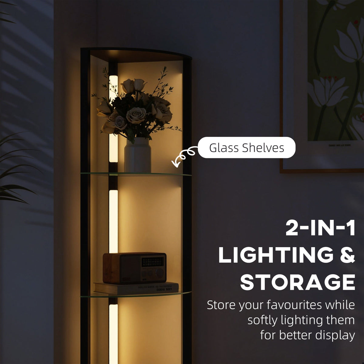 Close up of the corner shelving unit, showing the glass shelves and integrated lighting with text about storage and lighting