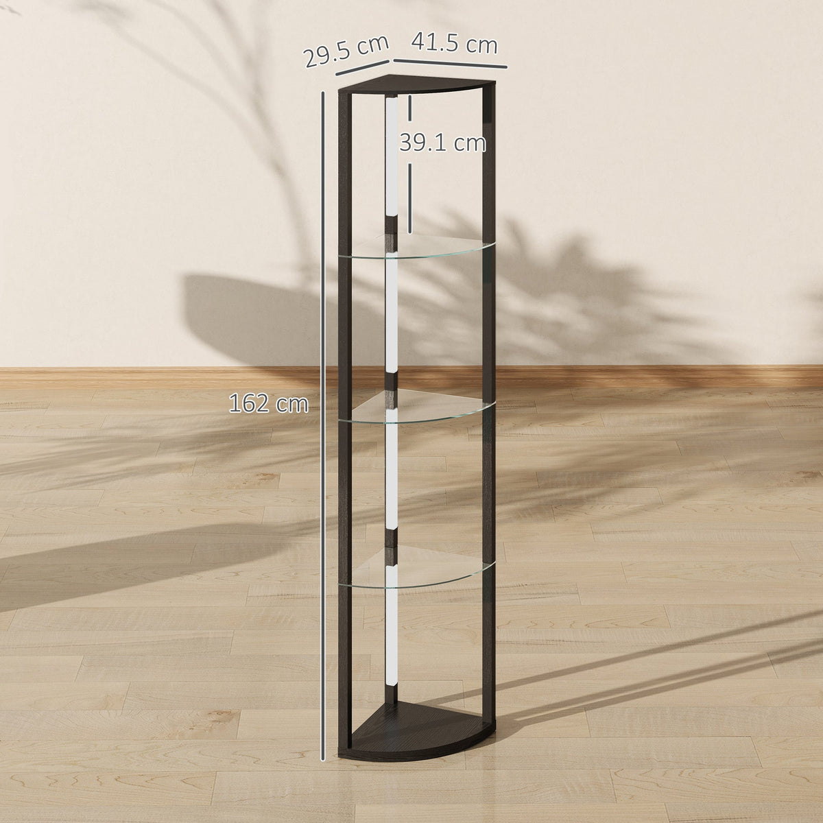 A tall black floor lamp with four glass shelves and integrated LED lighting