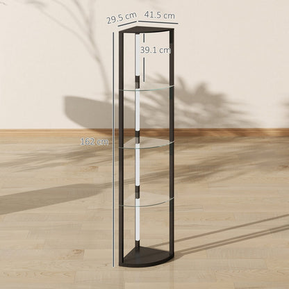 A tall black floor lamp with four glass shelves and integrated LED lighting