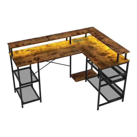 HOMCOM LED Light 'L' Computer Desk, a brown wooden effect corner desk with black metal frame and shelves