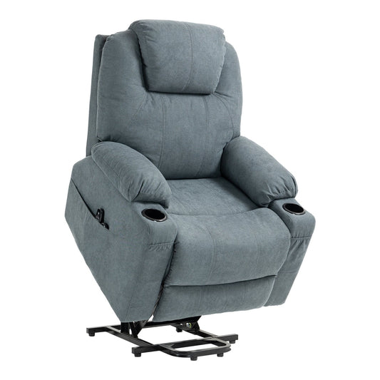 HOMCOM Lift-And-Recline Massage Armchair in grey fabric, a powered recliner with cup holders and side pockets