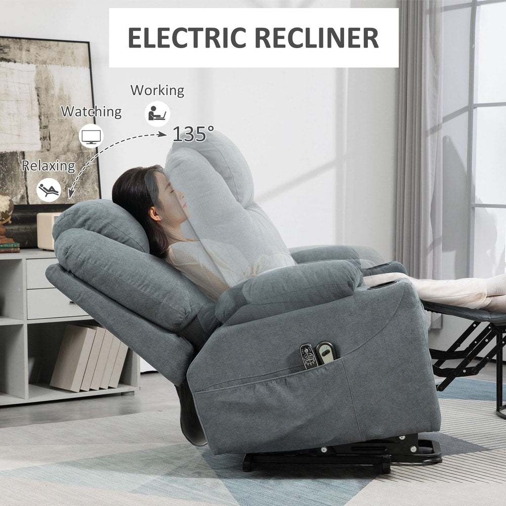 Woman relaxing in a grey fabric electric recliner armchair, showing its reclining positions