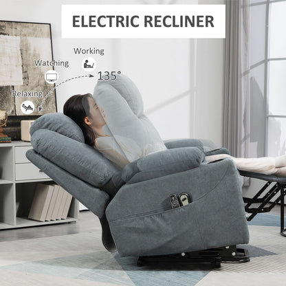 Woman relaxing in a grey fabric electric recliner armchair, showing its reclining positions