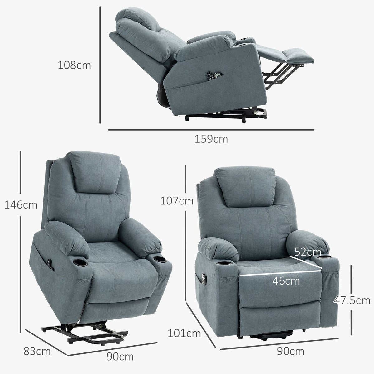 Dimensions diagram for the grey fabric massage armchair, showing height, width and depth measurements
