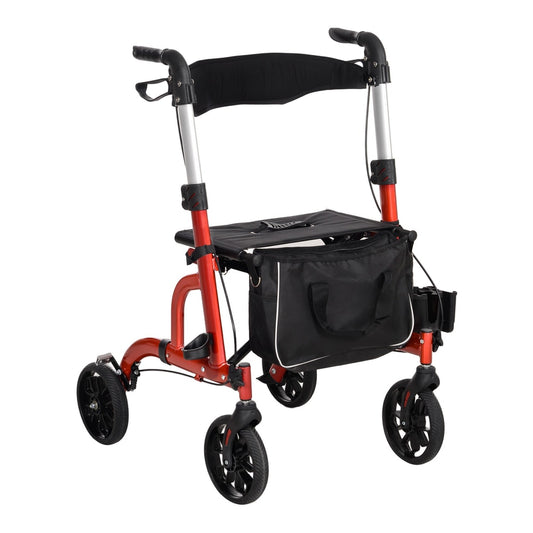 HOMCOM Lightweight Walking Frame a red rollator walker with a seat and backrest