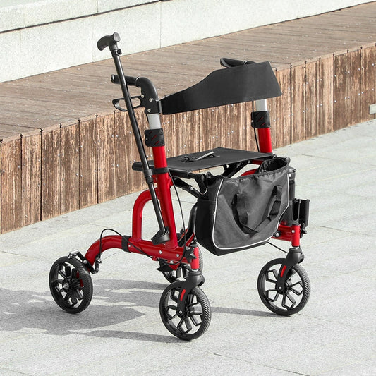 the red rollator walker with seat and backrest shown outdoors on a paved area