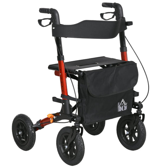 HOMCOM Lightweight Walking Frame in red with a seat and bag, shown from the front