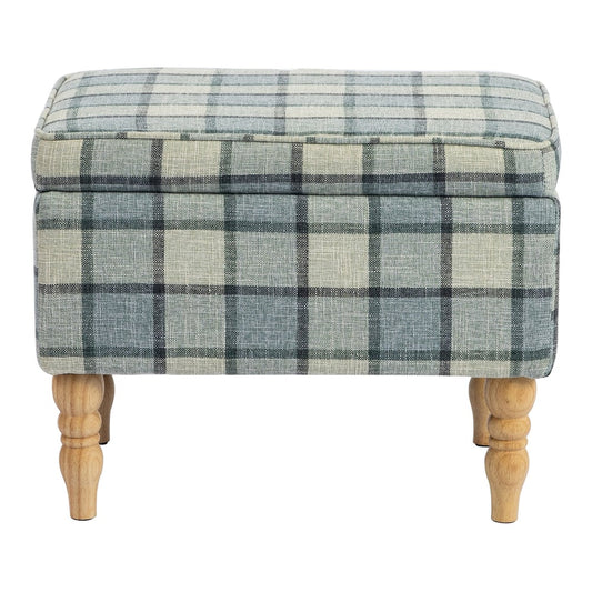 HOMCOM Linen Fabric Upholstered Footstool with a grey and blue checked pattern and wooden legs