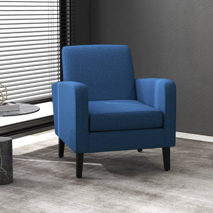 Blue linen-look armchair in a modern living room setting next to a window