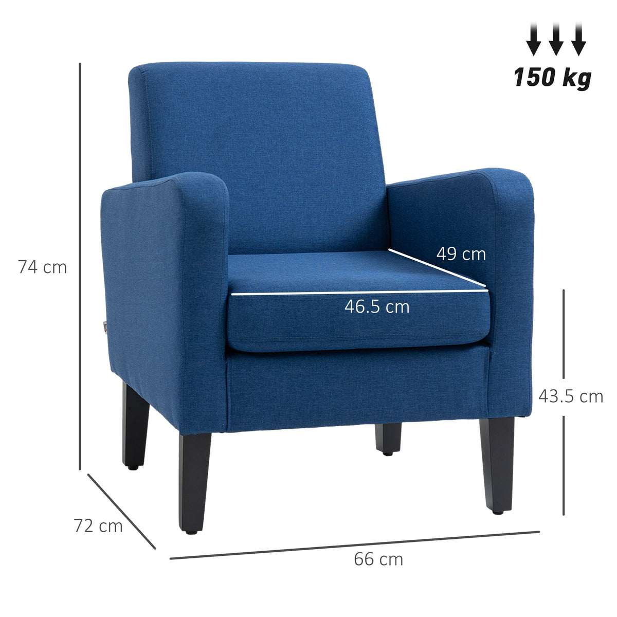 Size diagram of the blue linen-look armchair showing dimensions