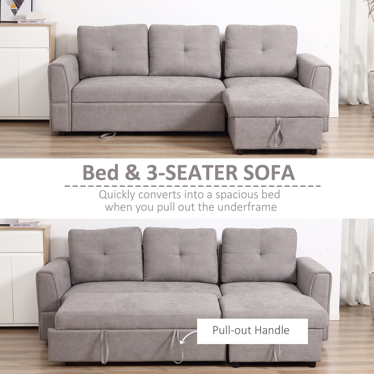 The sofa showing the pull out mechanism to convert the seat into a flat sleeping surface