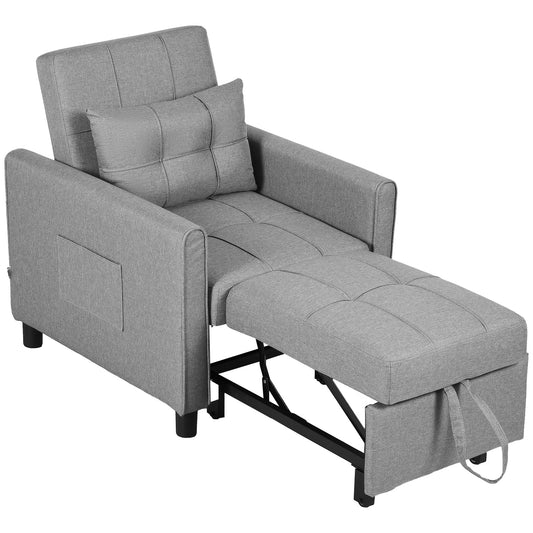 HOMCOM Linen-Look Single Chair Bed in light grey fabric, shown as a chair with footrest extended