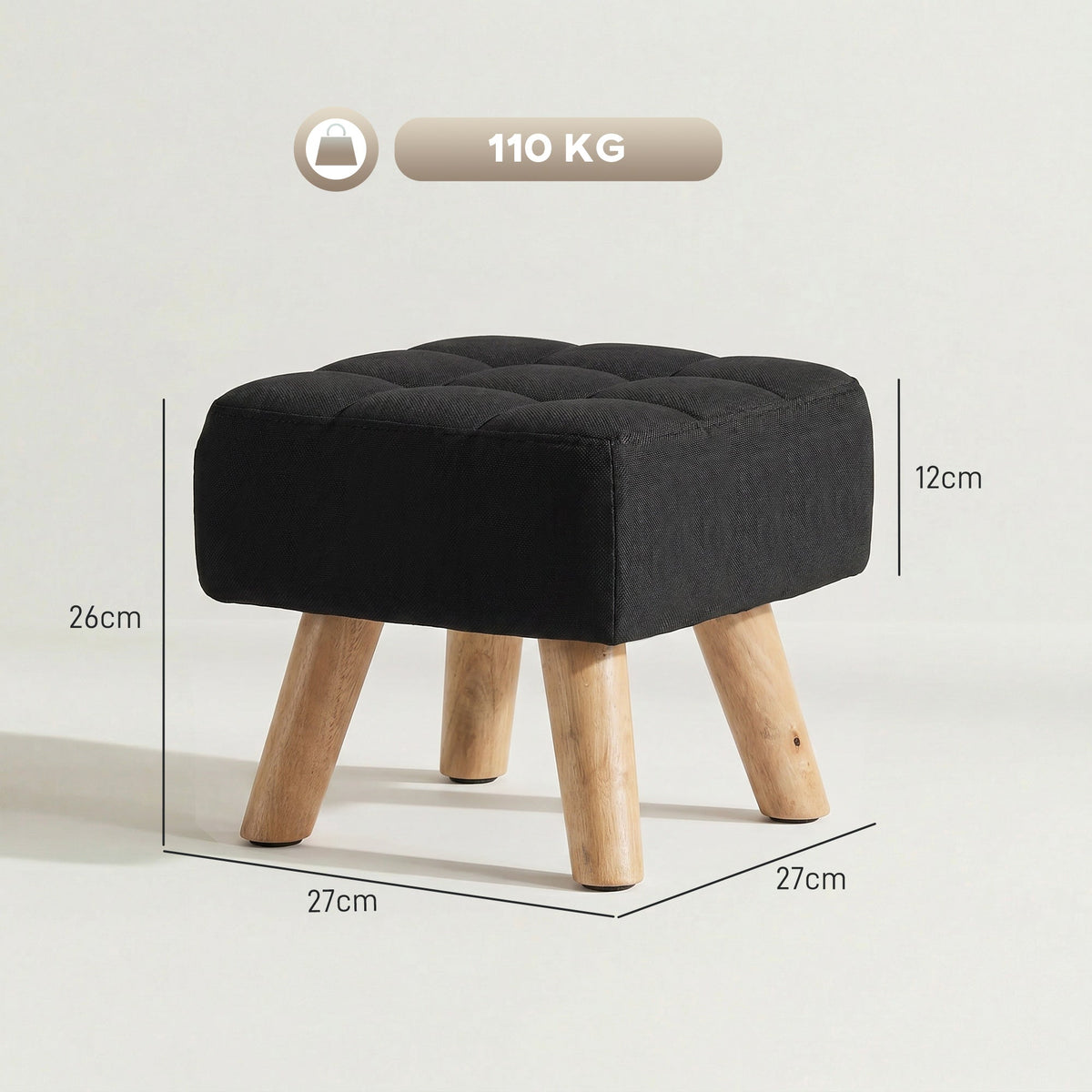 The square footstool showing dimensions and maximum weight capacity in kilograms