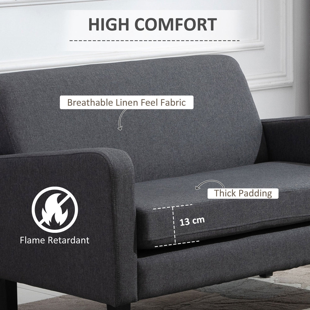 Close-up of the grey two-seat sofa highlighting its thick cushion and breathable linen feel fabric