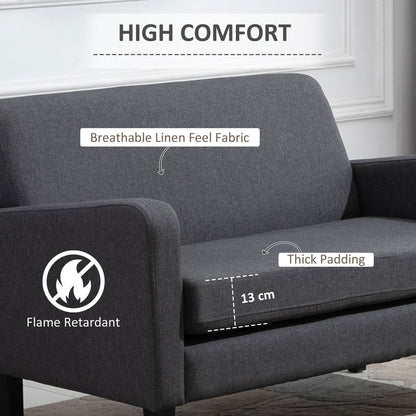 Close-up of the grey two-seat sofa highlighting its thick cushion and breathable linen feel fabric