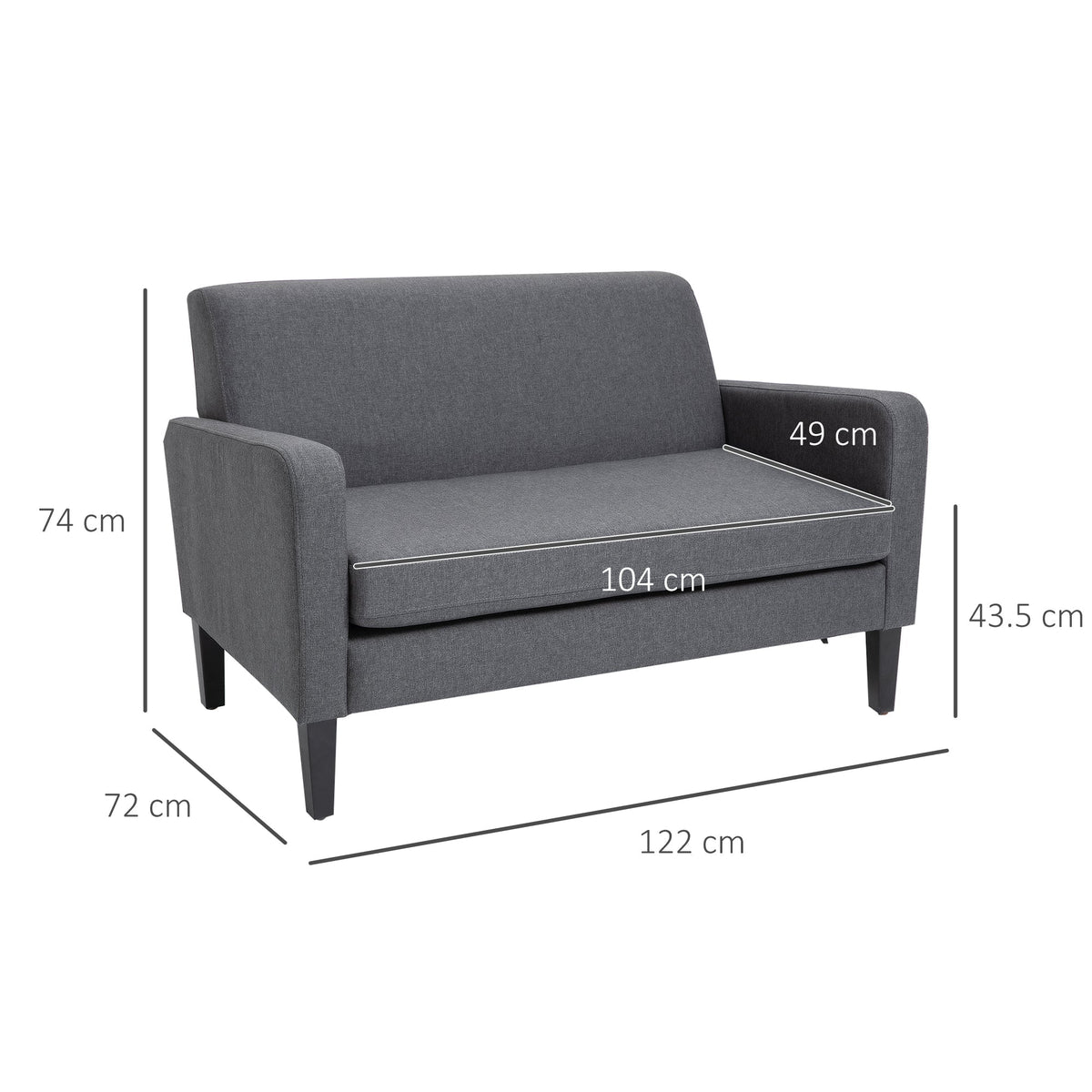 Dimensions of the grey two-seat sofa showing height width and depth with labels