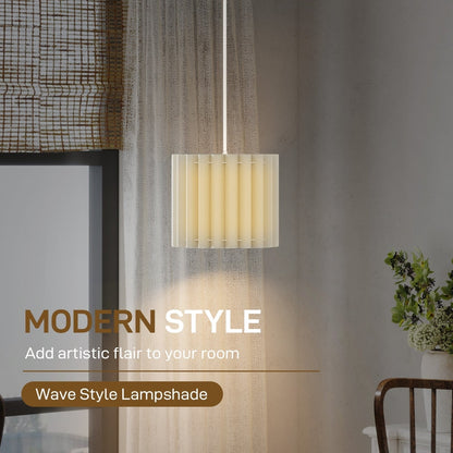 Close-up of the white linen pendant light, highlighting its textured, pleated lampshade