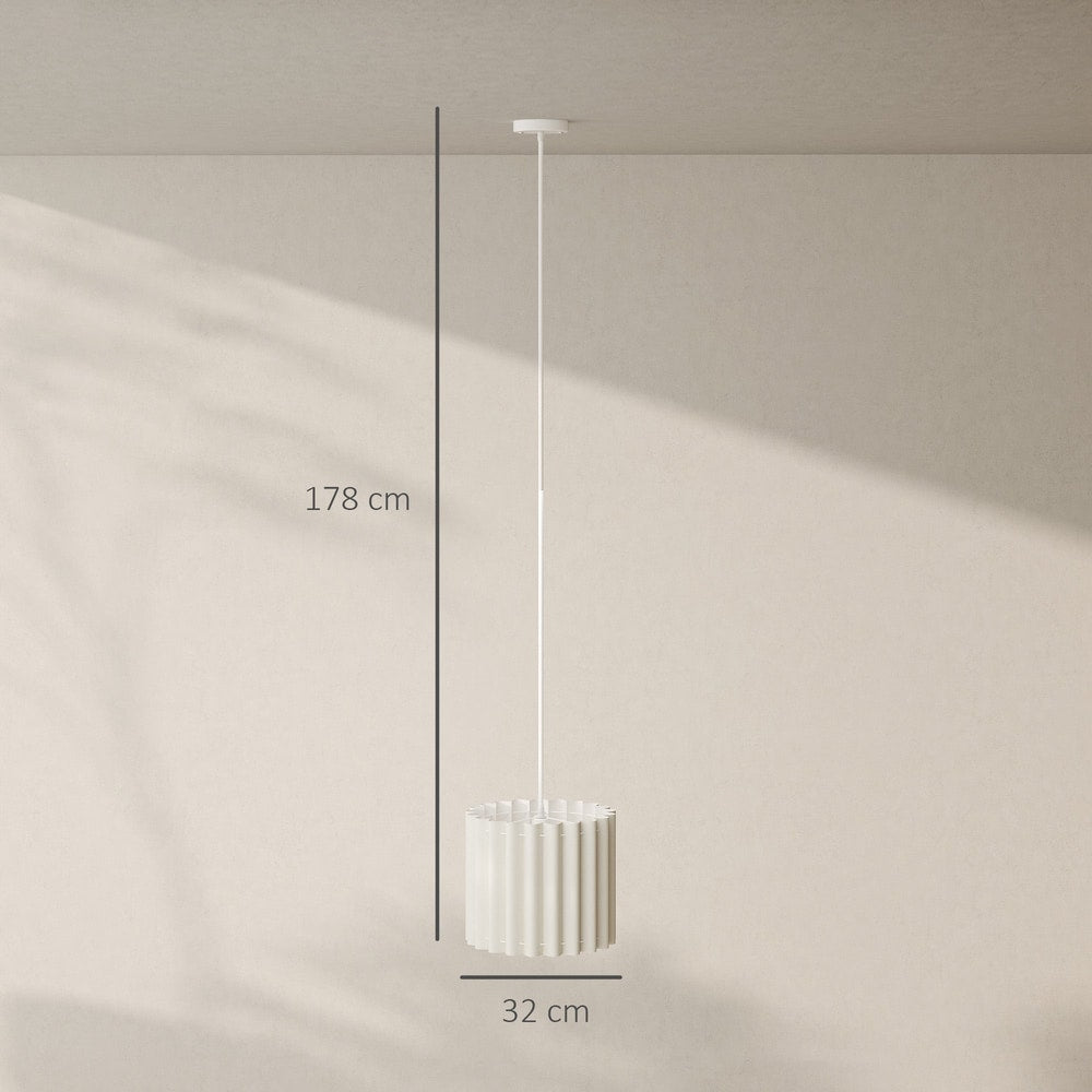 A diagram shows the dimensions of the white linen pendant light, with height and width indicated