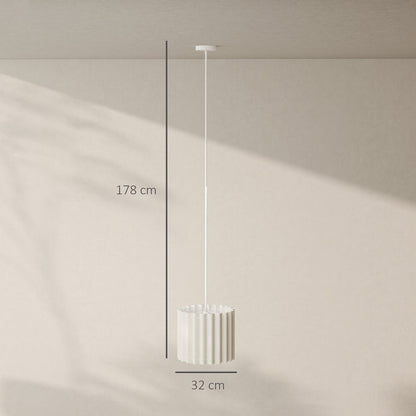 A diagram shows the dimensions of the white linen pendant light, with height and width indicated