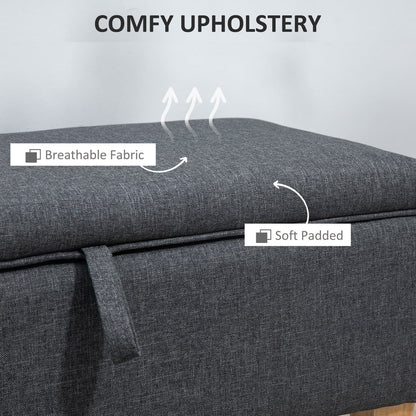Close up of the storage ottoman showing its comfy upholstery and breathable fabric