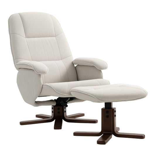HOMCOM Linen Swivel Recliner Chair with Footstool, a beige upholstered armchair with wooden base