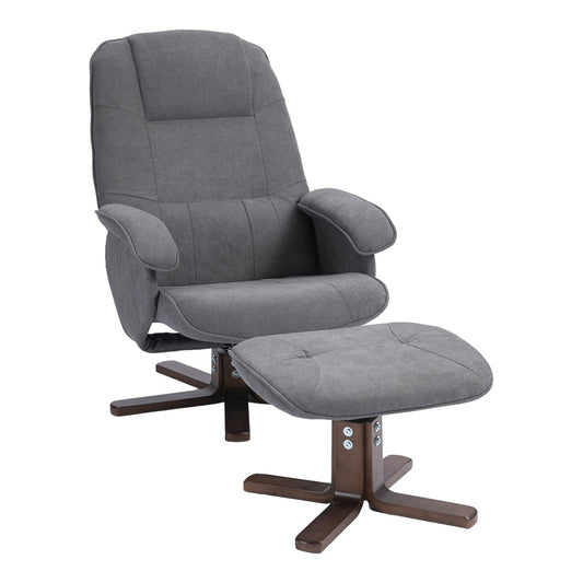 HOMCOM Linen Swivel Recliner Chair with Footstool in grey with a dark wooden base