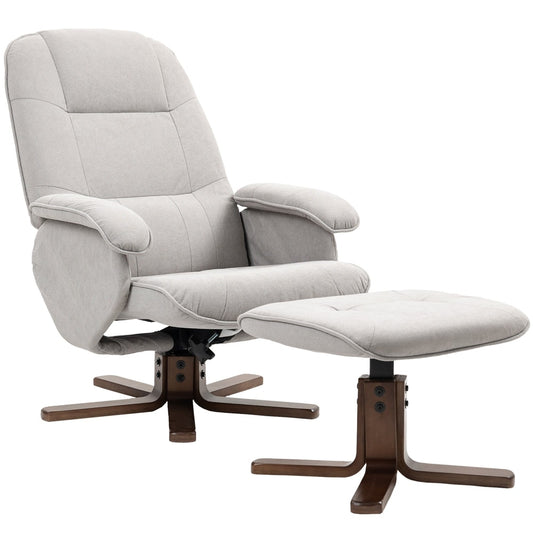 HOMCOM Linen Swivel Recliner Chair with Footstool in light grey with a dark wooden base