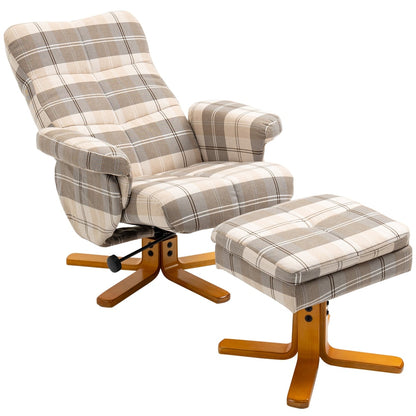 HOMCOM Linen Swivel Recliner Chair with Footstool, a tartan patterned armchair and matching footstool on wooden bases