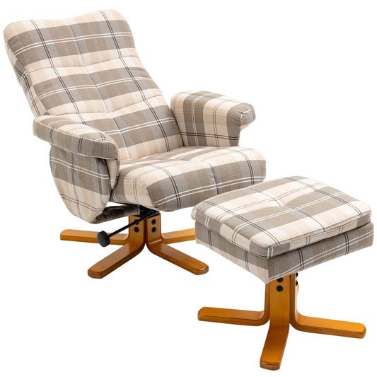 HOMCOM Linen Swivel Recliner Chair with Footstool, a tartan patterned armchair and matching footstool on wooden bases