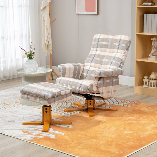 The tartan patterned armchair and footstool are shown in a bright living room setting