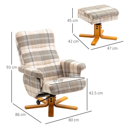 Dimensions diagram for the tartan patterned armchair and footstool